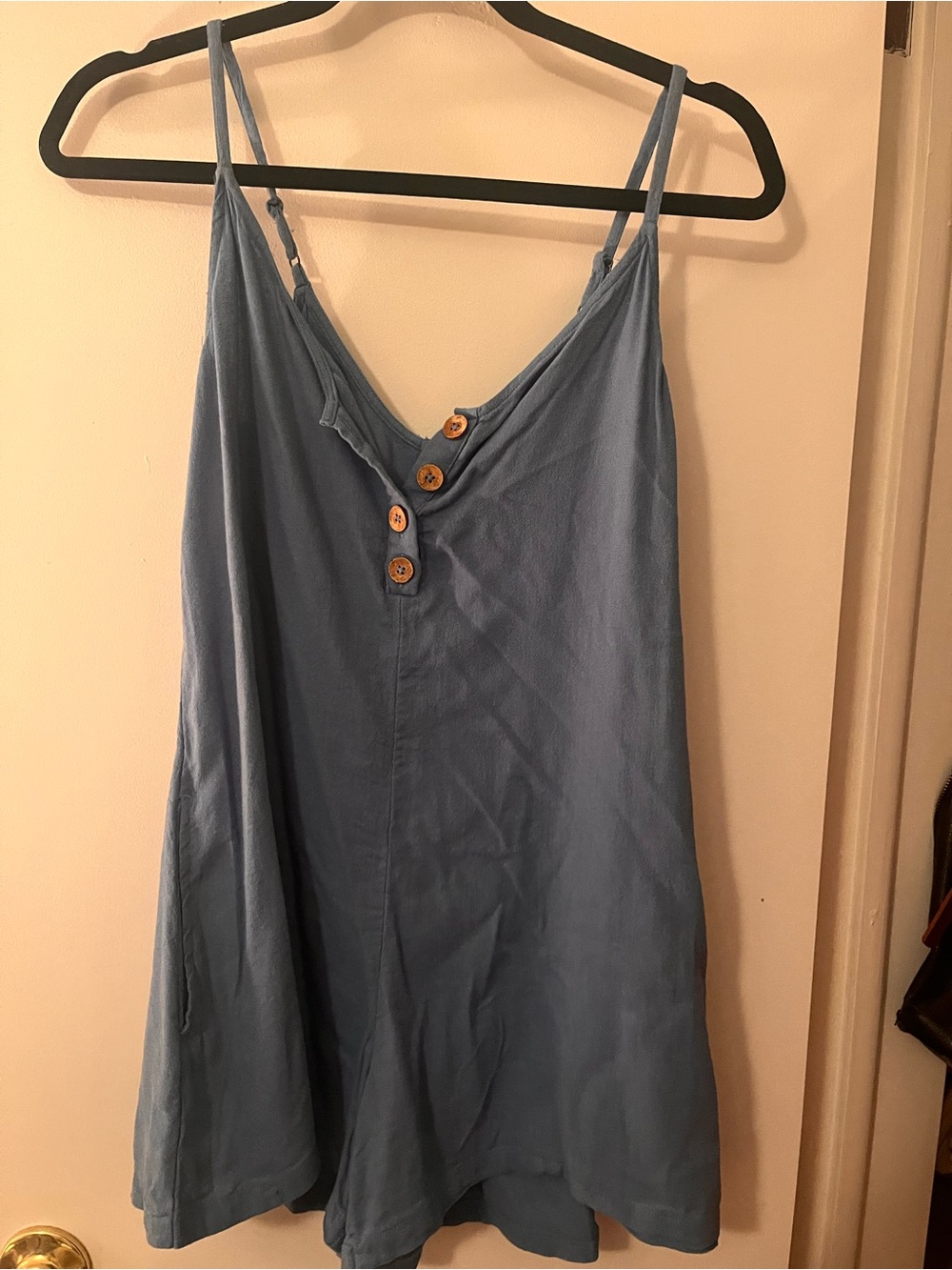 Roxy Slate Blue Spaghetti Strap Romper with Wooden Buttons